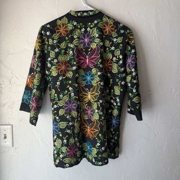 Vintage Jacket Womens L Black Multicolor Embroidered Floral Butterfly Asian Boho - Picture 7 of 8